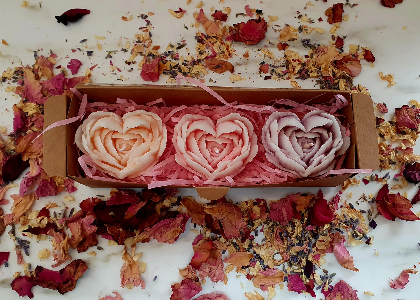 X3 large rose petal hearts tealights